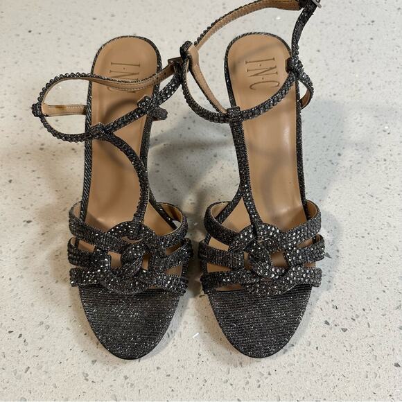 INC International Concepts Gray Silver Rhinestone Strappy High Heel Sandals 9M - Picture 2 of 10